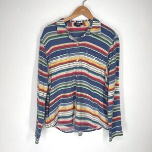 Chaps Women Rainbow Striped Button Down Long Sleeve Cotton Shirt Size XL Stretch